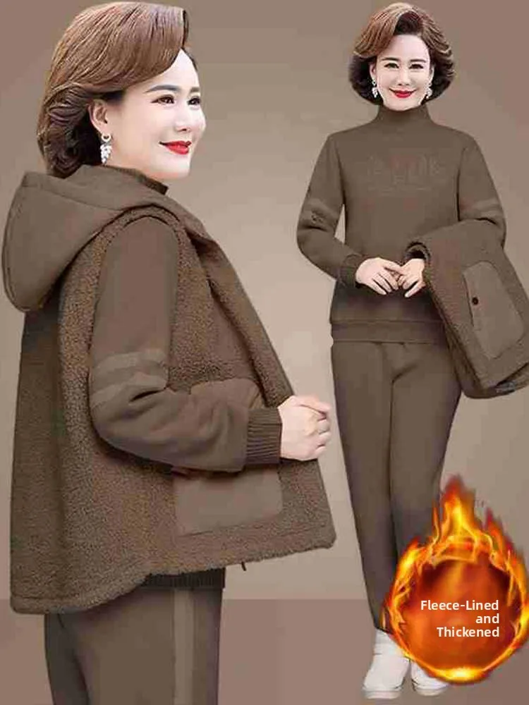 

Утепленный флисовый комплект из трех предметов: куртка, свитшот и брюки с отделкой из овечьего меха для женщин среднего возраста, осенне-зимний новый стиль