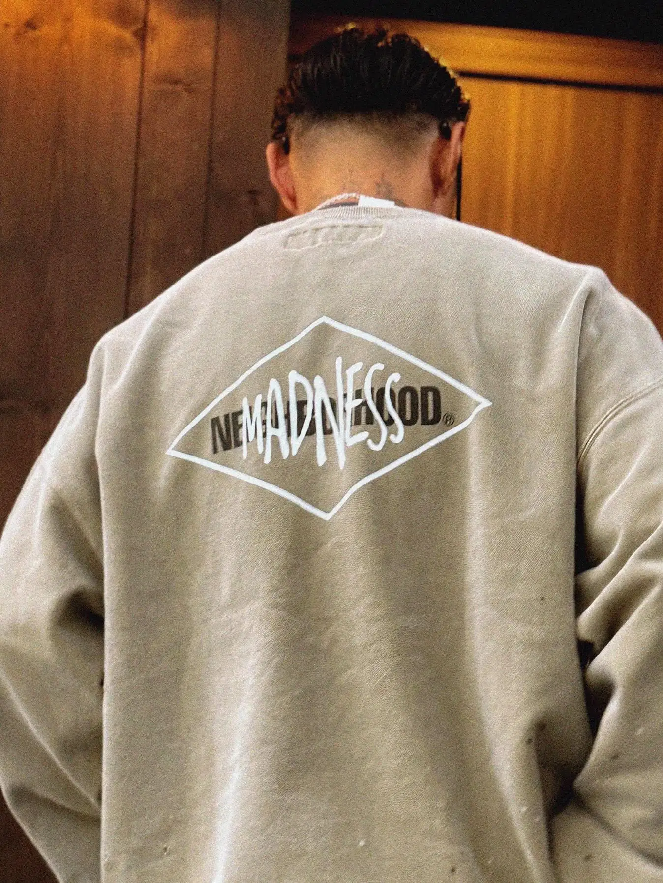 

NBHD×MADN Складной потертый круглый свитшот свободного кроя Молодежная японская уличная одежда Long Sve