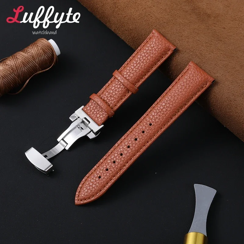 Leather Butterfly Buckle Replacement Straps 18mm 20mm 22mm Wrist Belt Women\'s and Men\'s Universal Bracelet  Business Watch Band