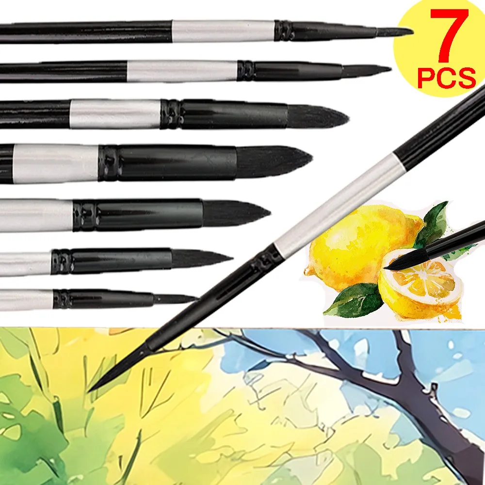 

7pcs Round Black Swan Hair Paint Brush Set for Watercolor Inks Gouache Tempera Professional Artist Quality Wood Handle Pens 1Set