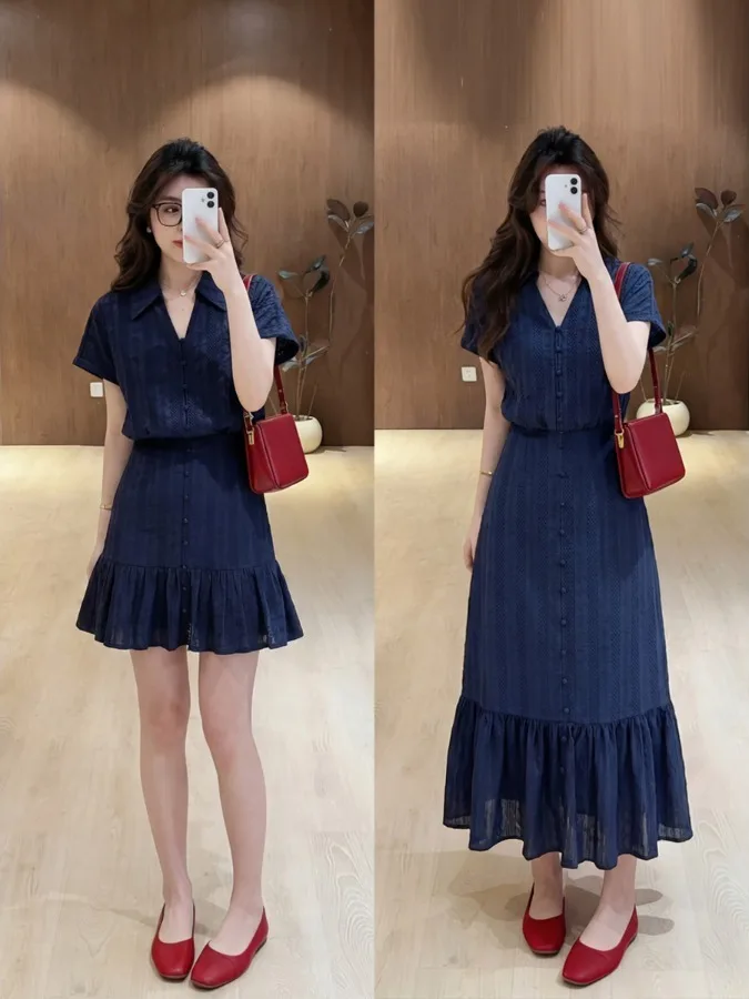 

plus Size Women's Vintage Floral Embroidery V-Neck Short Sleeve A-Line Dress Summer New Style Waist-Cinching Skirt
