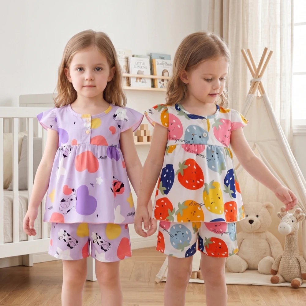 2-teiliges Set für Mädchen von 1-12 Jahren mit Blumenmuster, Atmungsaktive Bequeme Kinder-Heimkleidung, Modische Flügelärmel-Oberteil und Shorts