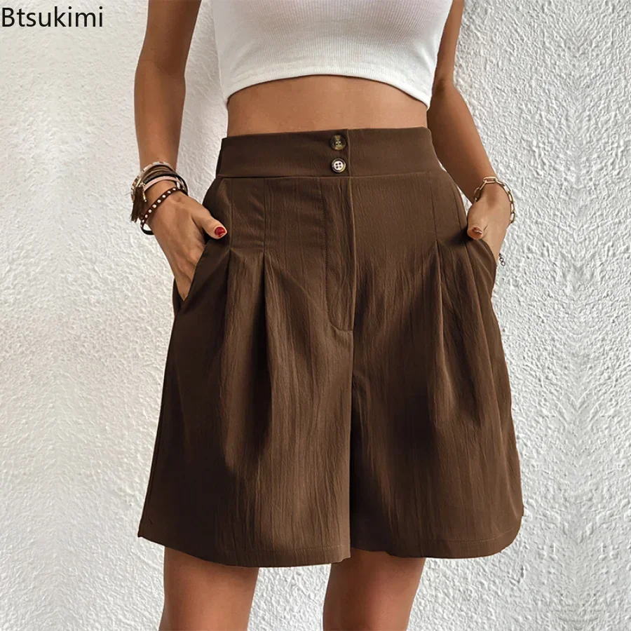New 2025 Women's Summer Casual Shorts High Waist Solid A-Line Pocket Wide Leg Pants Female Loose Breathable Shorts Pants Women