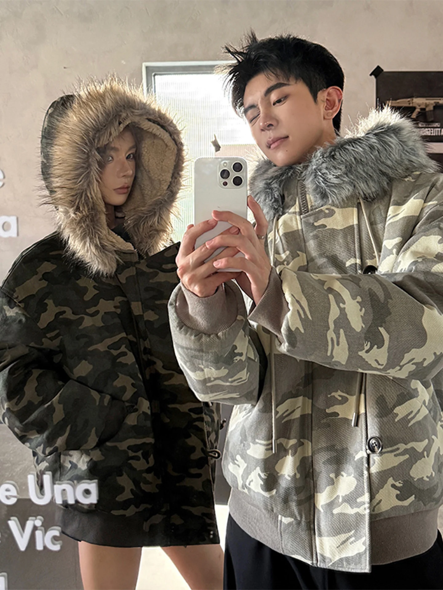 

Men's Camouflage Hooded Jaet Winter Warm Thiened Loose Retro American Trendy Brand Mountain Eagle Fur Collar Coat