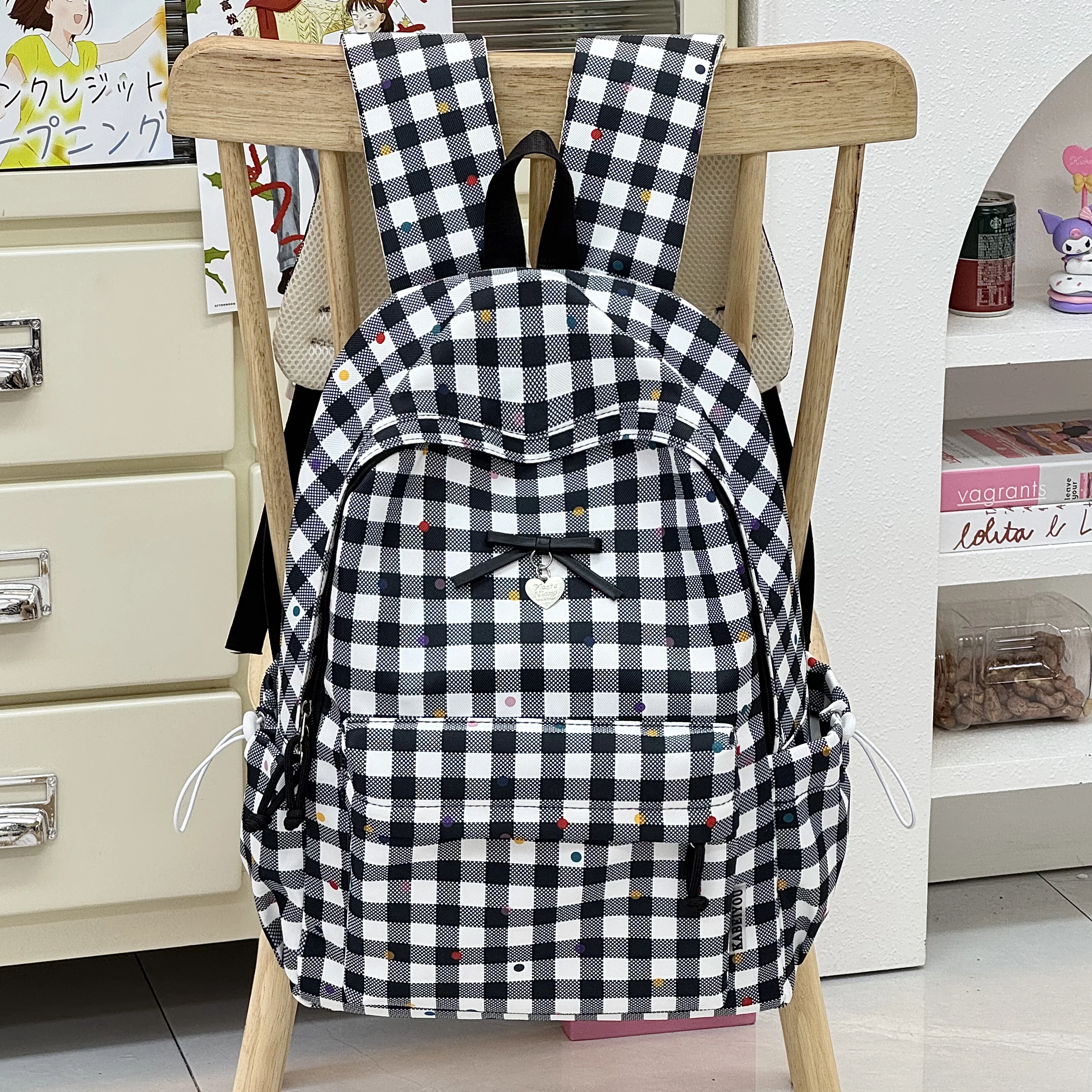 Pink Plaid Backpack Sweet Bow Heart Pendant School Bag Colorful Dots Canvas Backpack Teen Girls Daily Travel Laptop Rucksack