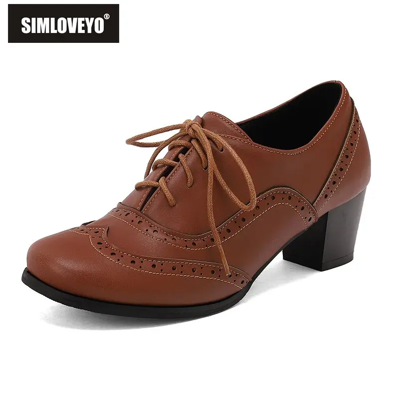 

SIMLOVEYO New Brown Women Pumps Round Toe 5cm Block Heel Lace Up Big Size 42 43 44 Non Slip Leisure Office Lady Shoes Autumn