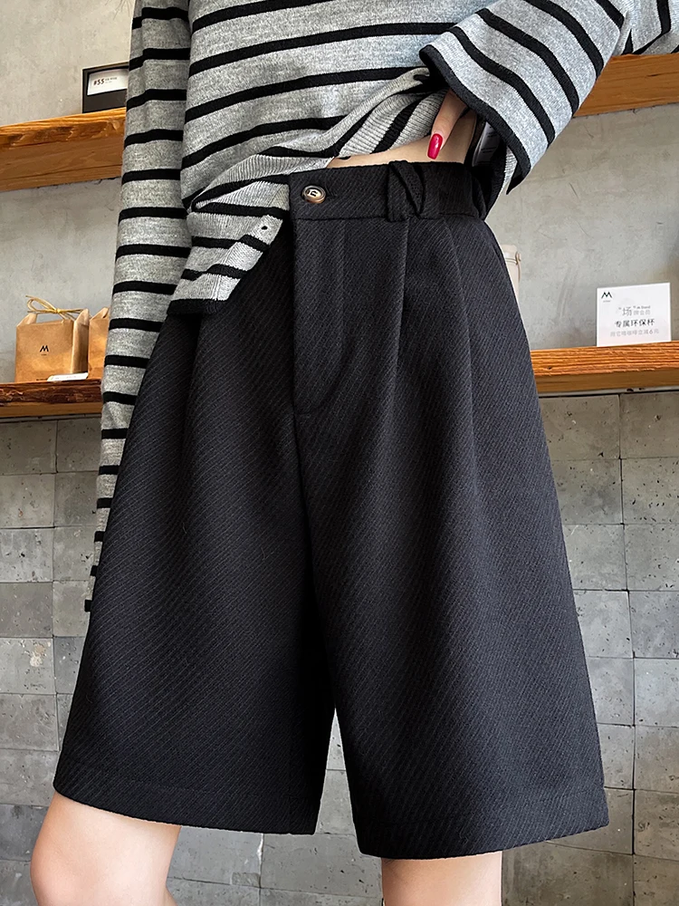Women's autumn and winter new high waisted wide leg five inch shorts fashion commuter versatile woolen suit shorts