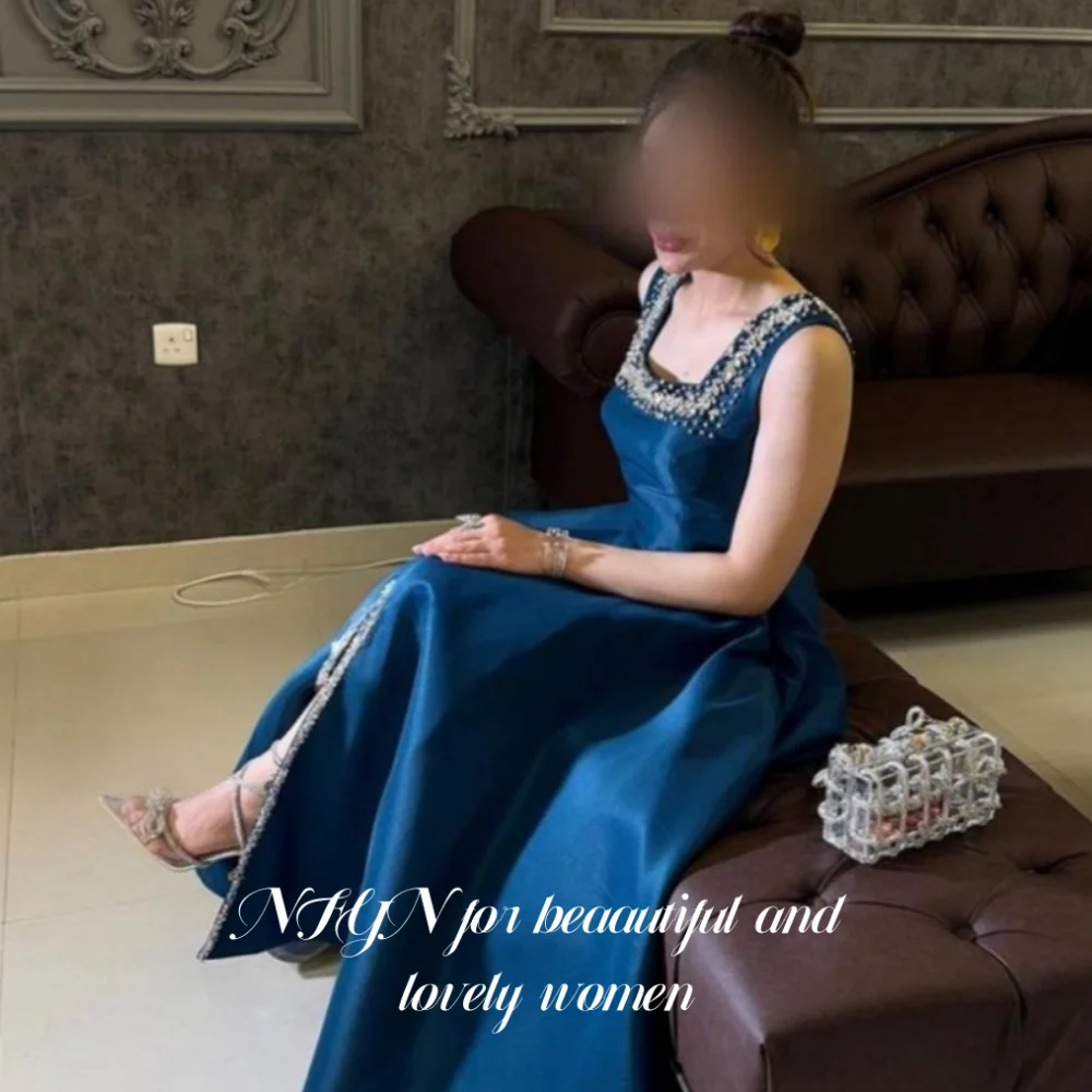 

NFYN Blue Elegant Formal Evening Dresses Shiny Rhinestones Backless Prom Dresses A-Line Split Formal Gown for Woman Customized