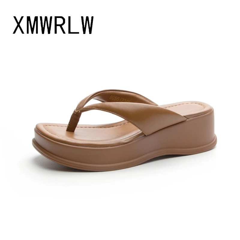 

XMWRLW Genuine Leather Women Summer Slippers Fashion High Heels Female Slippers 2023 Summer Women Beach Shoes Slipper Shoes