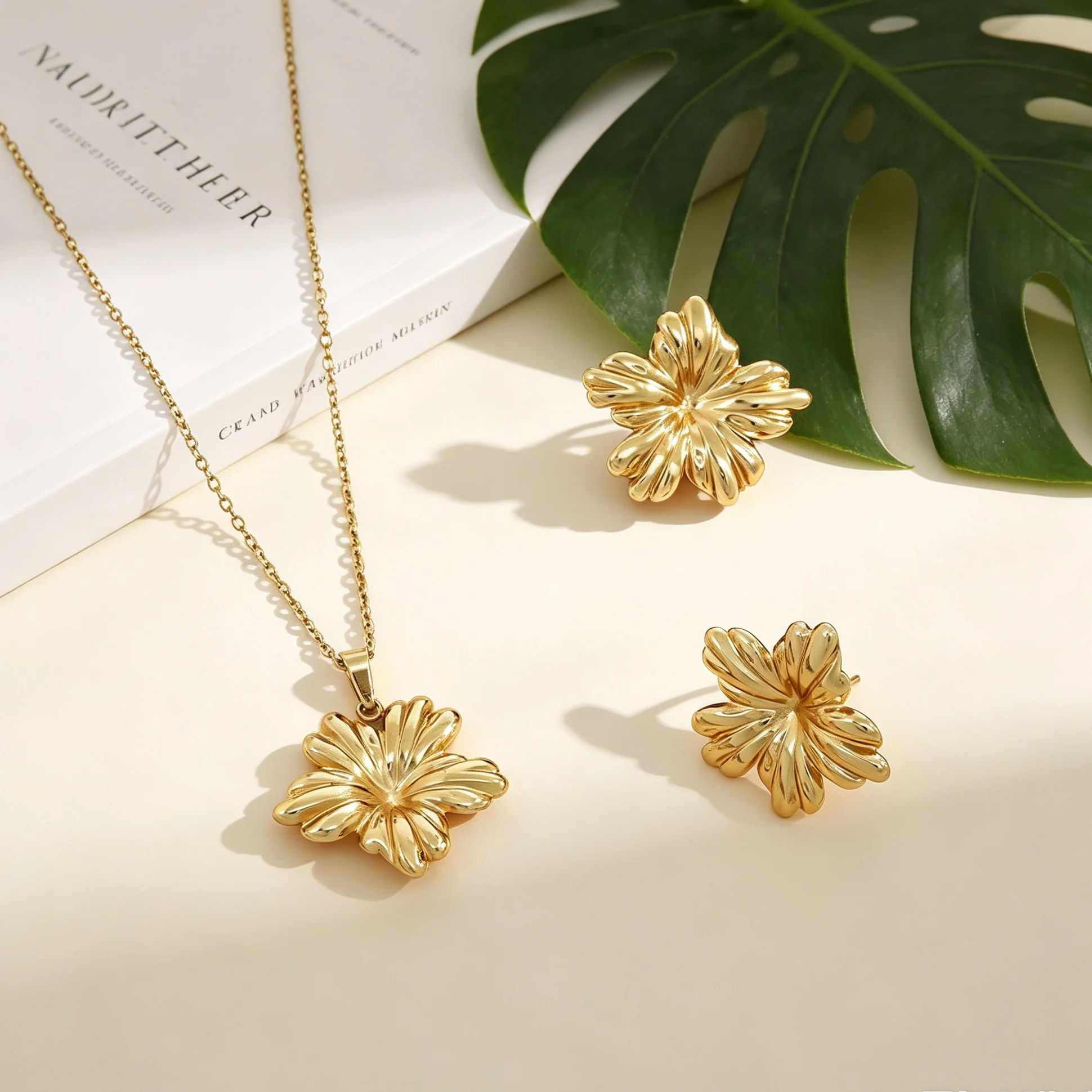 1Set 3D Ruffled Flower 2Pcs Jewelry Set, Glossy Floral Necklace Stud Earrings For Women Vacation Daily Wear