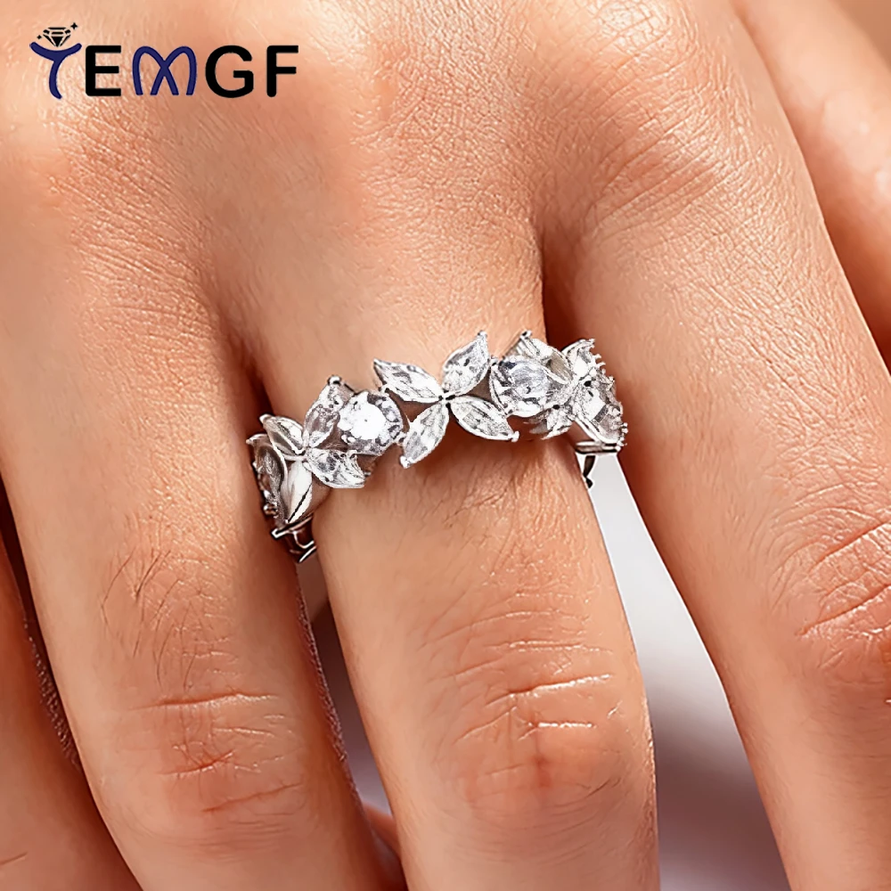

TEMGF Full Zircon Moissanite Ring 925 Silver for Women Luxury Sparkle Fine Jewelry Romantic Love Gifts Marquise Cut Round Cut