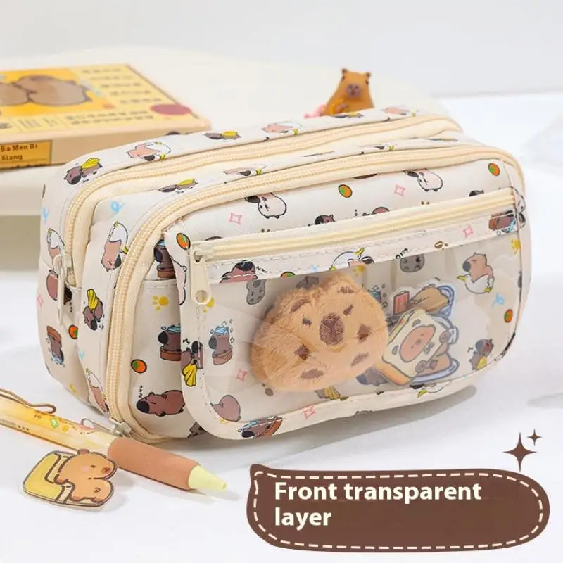 Sac de rangement de papeterie scolaire de grande capacité, 1 pièce, boîte à crayons, trousse à crayons de dessin animé Kapibara avec rabat