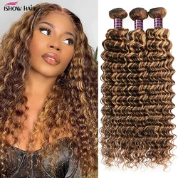 Ishow Highlight Deep Wave Bundles P4/27 Ombre Brown Human Hair Bundles 1/3/4 PCS Brazilian Remy Human Hair Extensions For Women