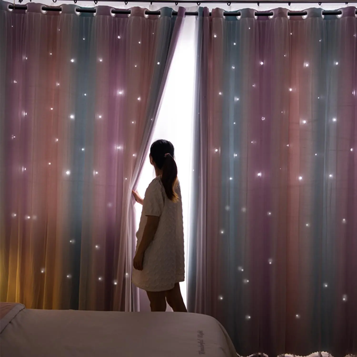 Kids Colorful Rainbow Curtains For Bedroom Hollow Out Twinkle Star Curtains For Girls Antique Grommet Top Window Decor