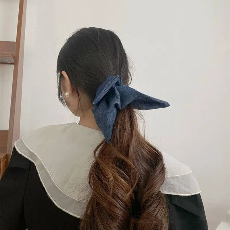 Scrunchie grande para el cabello para niñas, diademas elásticas, moño, peinado, tocado de mezclilla, accesorios para el cabello