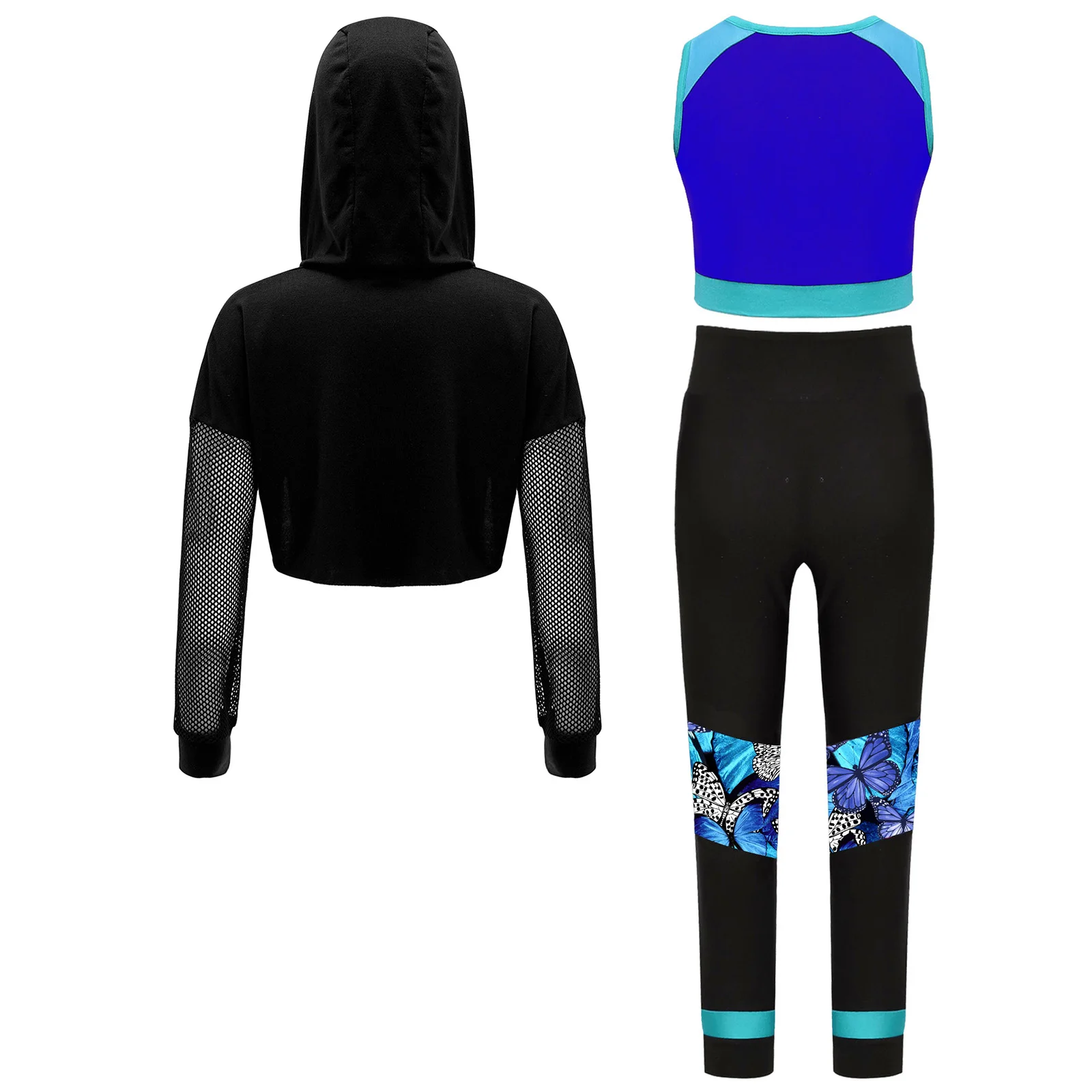 Girls Athletic Outfit Gymnastic Dance Workout Tank Crop Leggings with Long Sleeve Hooded Crop Top Suit Fitness Street Dancewear