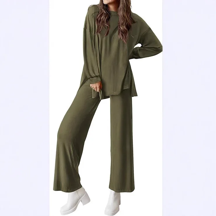 

Women's Pajama Set 2 Piece Crew Neck Long Sleeve Top Wide Leg Trousers Casual Suit Sportswear Soft Loungewear