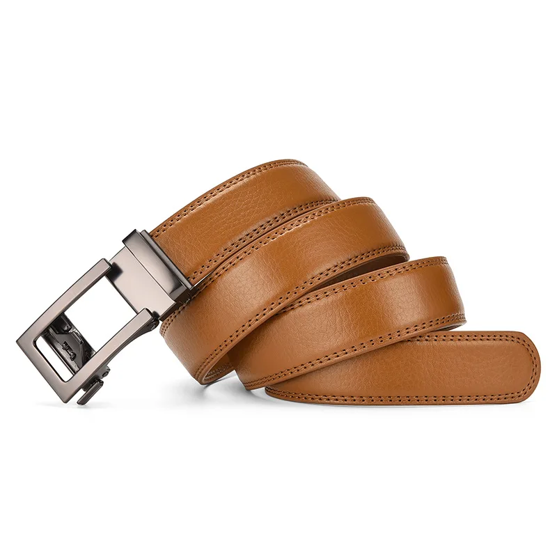 Men Automatic Buckle Belt Two-layer Cowhide Gray Belt Solid Color Straight Belt European And American Trend Pasek Męski Skórzany