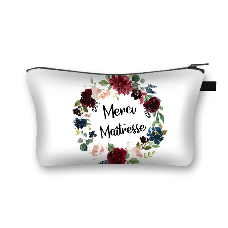 French Merci Maitresse Cosmetic Case It's Takes A Big Heart To Shape Little Minds Teacher Makeup Bags Zipper Pouch Toiletry Bag