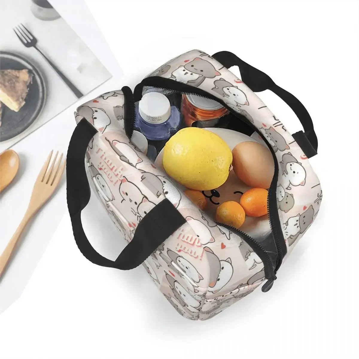 Kawaii Peach And Goma Collage Cartoon Insulated Lunch Bag Large Mocha Mochi Cat Meal Container Cooler Bag Tote Lunch Box Picnic