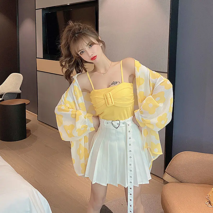 Small Sling Three Piece Suit Fashion Top with High Waist Short Skirt Cardigan Sunscreen Shirt Women's Summer Wear 2023 New Trend