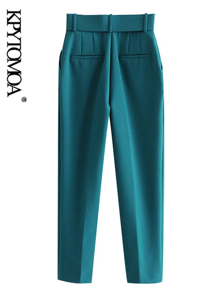 KPYTOMOA Women Fashion With Belt Side Pockets Office Wear Pants Vintage High Waist Zipper Fly Female Ankle Trousers Mujer