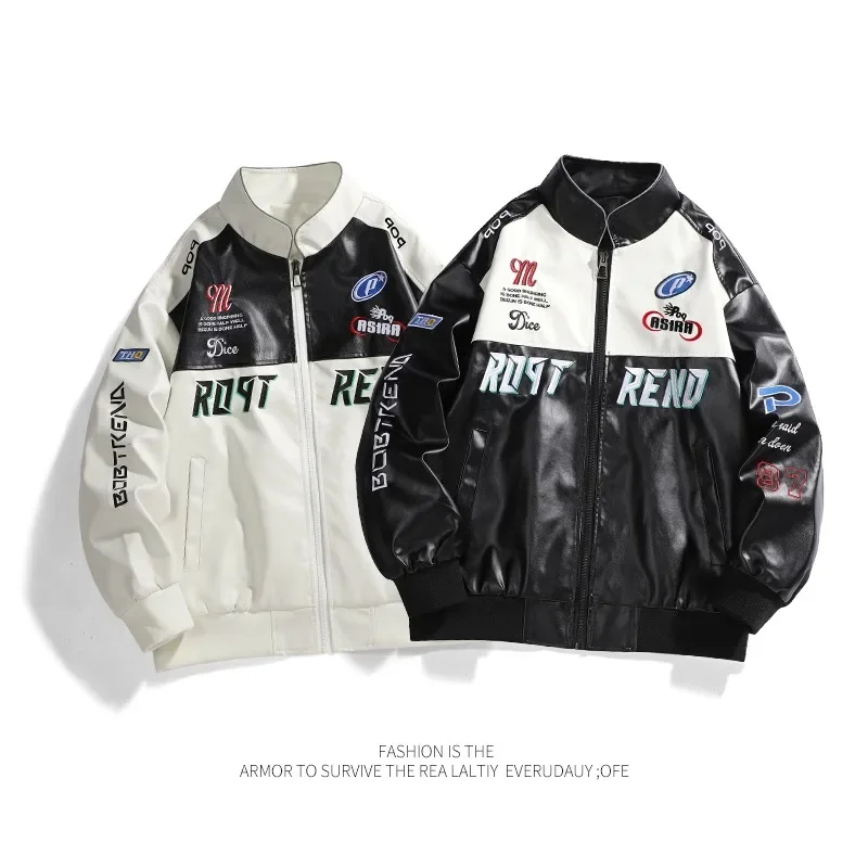 2026 Fall Men Moto Punk Leather Jacket Contrast Color Pilot Coat Long Sleeve Zipper Mens Outerwear