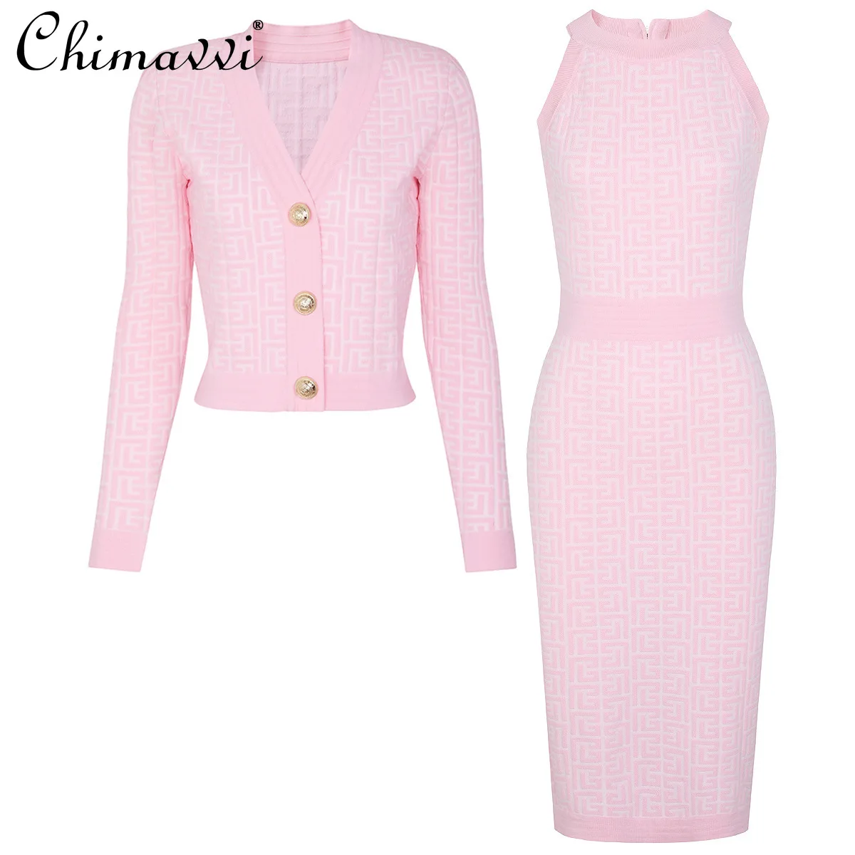 

Spring and Autumn New Fashionable Elegant Knitted Women's Cardigan Jacket + Sleeveless Slim Long Dress Commuter Two-Piece Set
