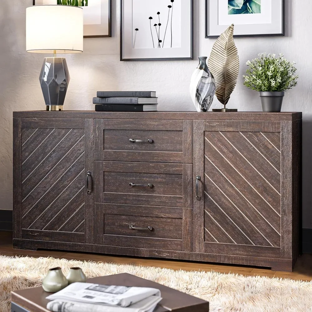 Sideboard, Console Table Or Buffet with Three Drawers & Four Shelves, Space Saving Media Storage Cabinet