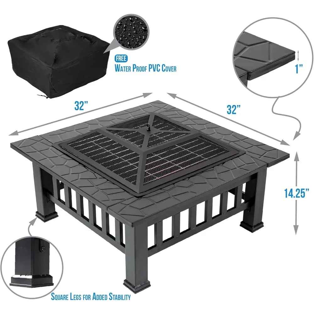 Outdoor Fire Pit Table, 32 inch Multifunction Metal Square Fire Pit in Black with Spark Screen Lid, Cooking Grate