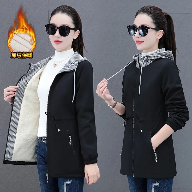 Autumn/Winter Women\'s Windbreaker Coat New Korean Velvet Hooded Mid Length Cotton Padded Jacket Female Outerwear 5XL Mujer Coats