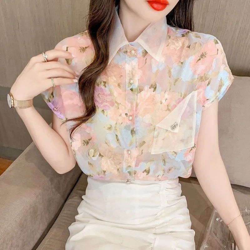 Women\'s Fashion Floral Printed Button Up Chiffon Shirt Summer 2022 Chic Fairy Short Sleeve Loose Ladies Tops Casual Sweet Blouse