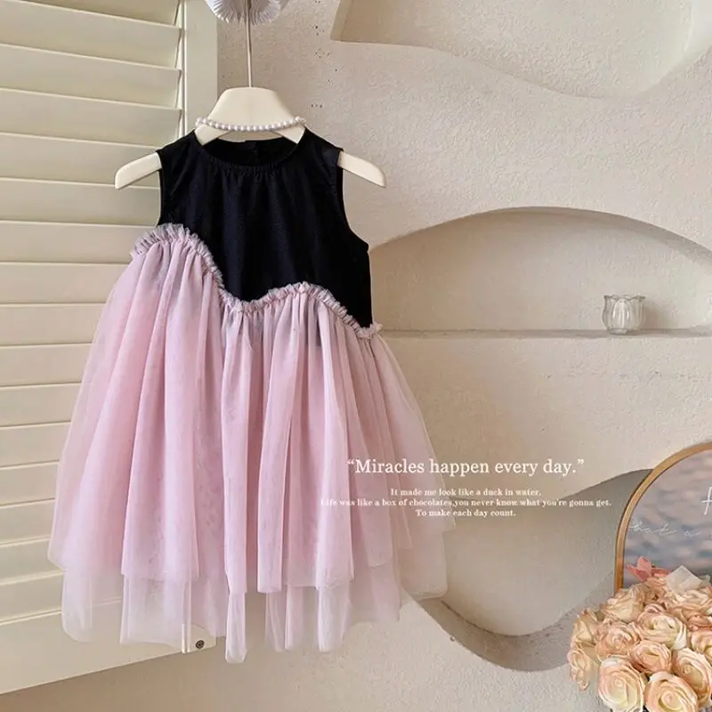 Girls Casual Dresses Color Contrast Patchwork Mesh Princess Dress Toddler Girl Clothes Party Dress Kids Girl Princess Dresses
