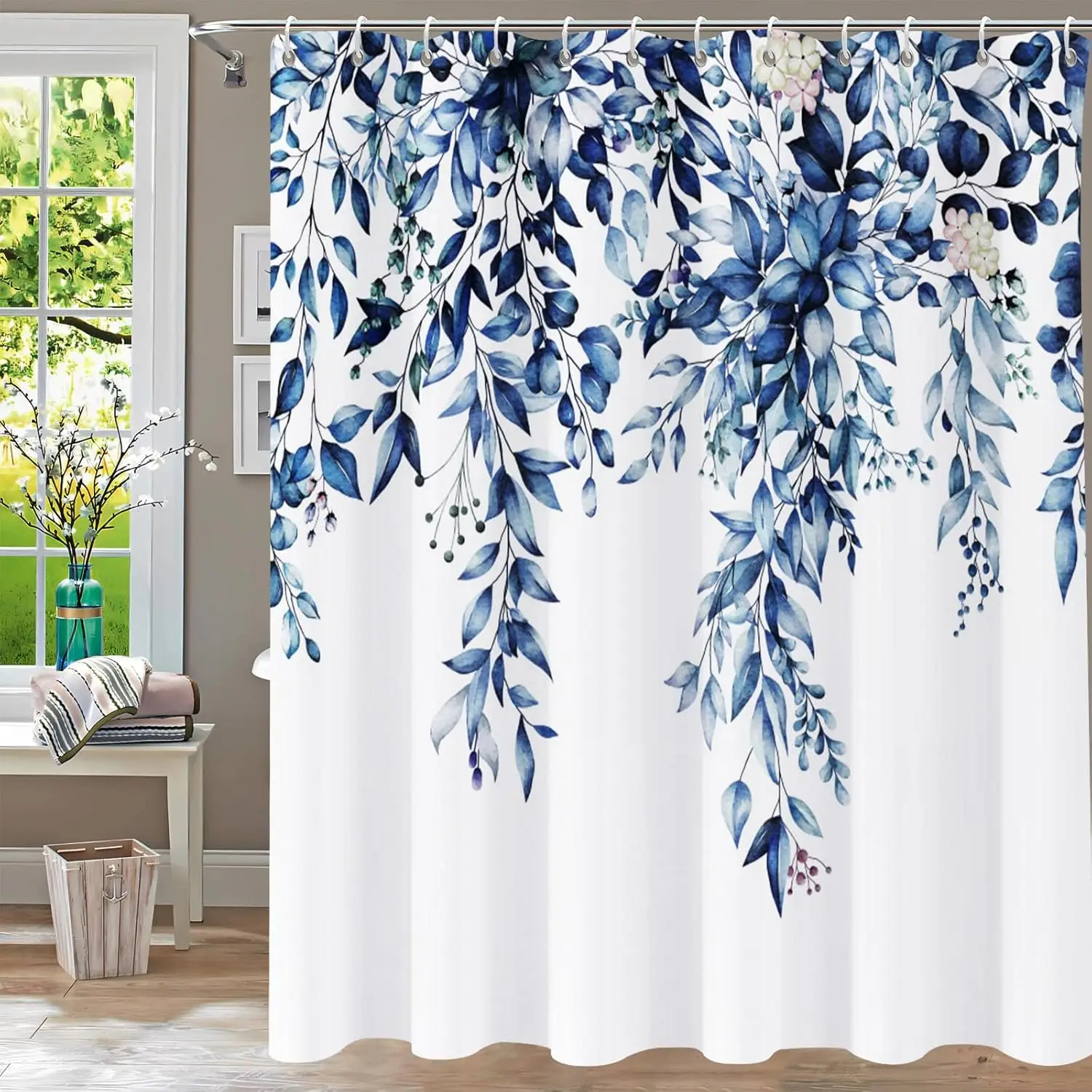 Green shower curtain, watercolor green leaf shower curtain suit waterproof plant shower curtain fabric with hook 180X180CM