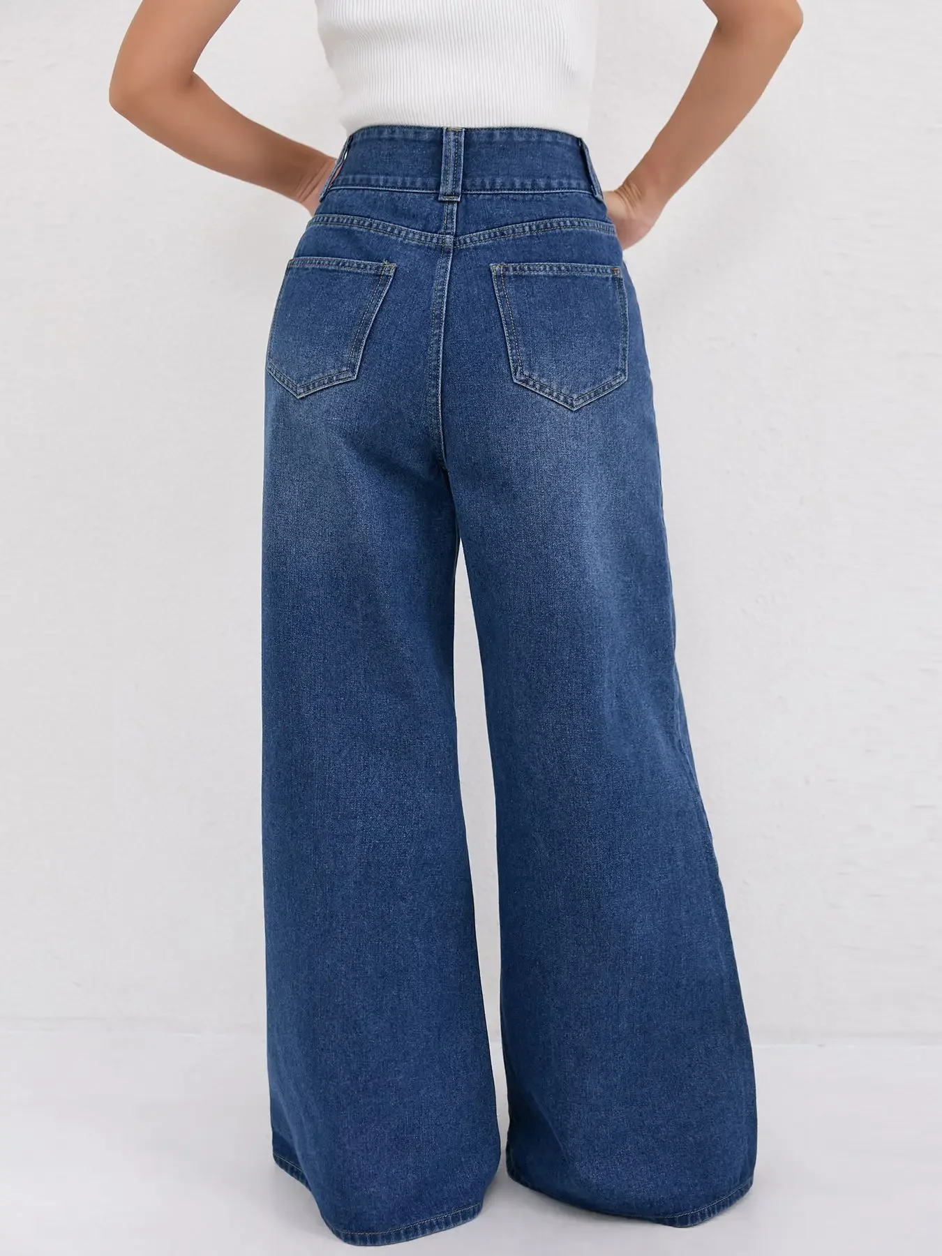 Trendy Womens Jeans Baggy Jeans Wide Pants High Waist Loose Fit Two Button Solid Color Wide Leg Denim Trousers For Ladies