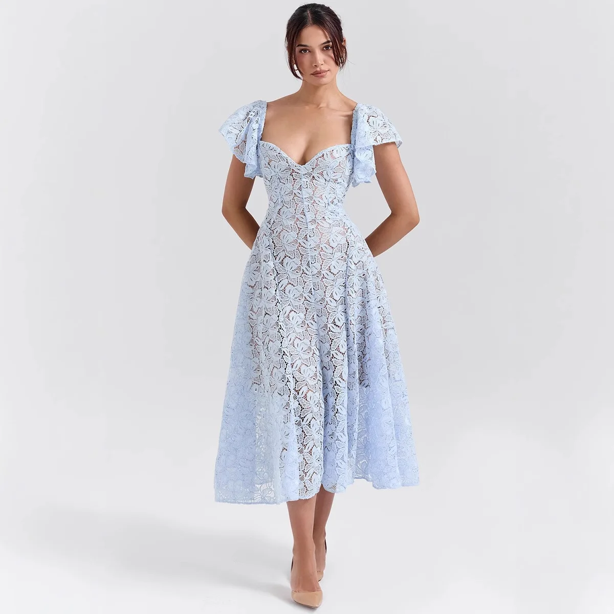 فساتين نسائية صيفية طويلة دانتيل عتيق عالي الخصر مثير بأكمام قصيرة فستان نسائي عالي الجودة فساتين حفلات Elbise Kadın #3