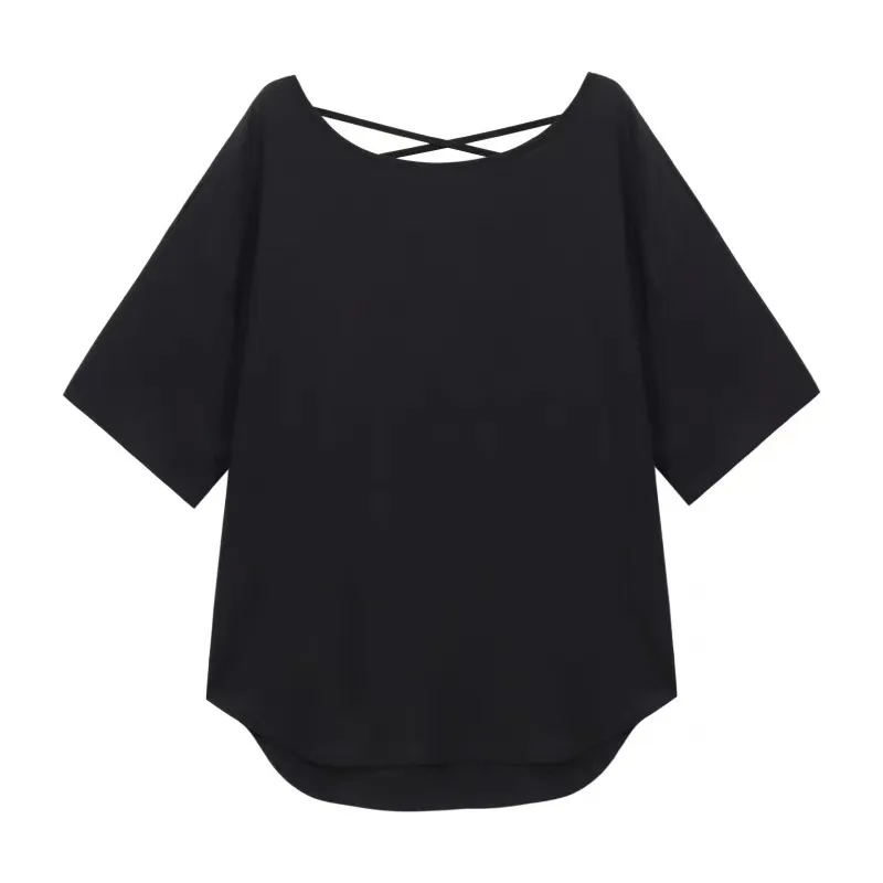 Summer large-size women's clothing new solid color casual loose irregular sexy halter round neck short-sleeved T-shirt