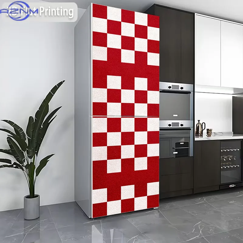 [2D Flat Printing] 1pc Refrigerator Sticker [60 X 180 Cm] Red And White Checkered Pattern Theme Design Wall Sticker Self-Adhes