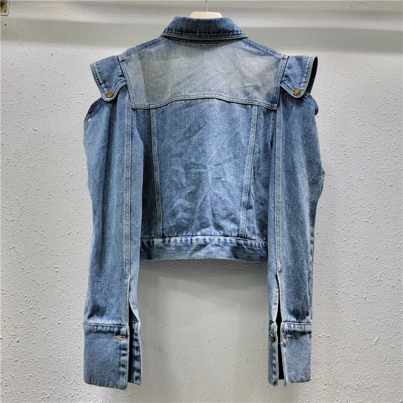 Trendy New Women's Off-shoulder Jeans Jacket Design Denim Coat Autumn Fashion Double Lapel Long Sleeves Jacket Female Streetwear