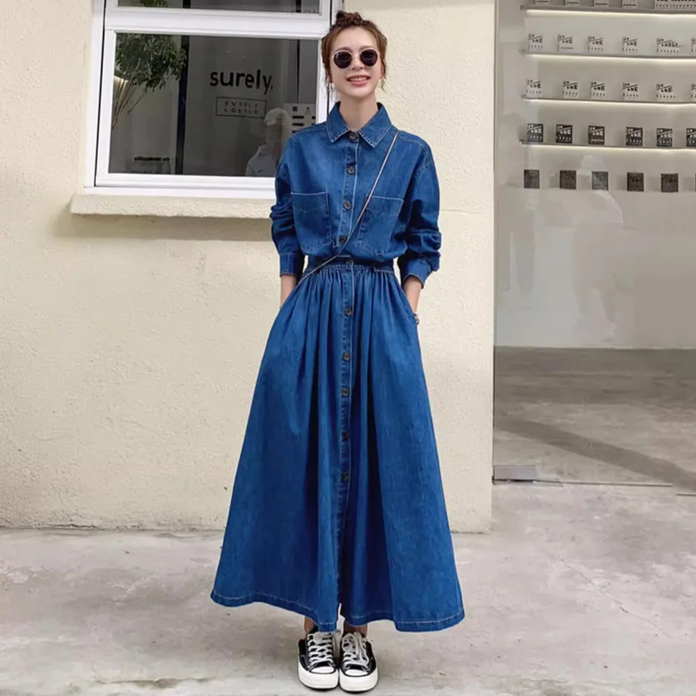 

New Women Spring Autumn Denim Long Dress Fashion Turn-down Collar Single Breasted Elastic Waist Loose Dress Vintage Casual Dress