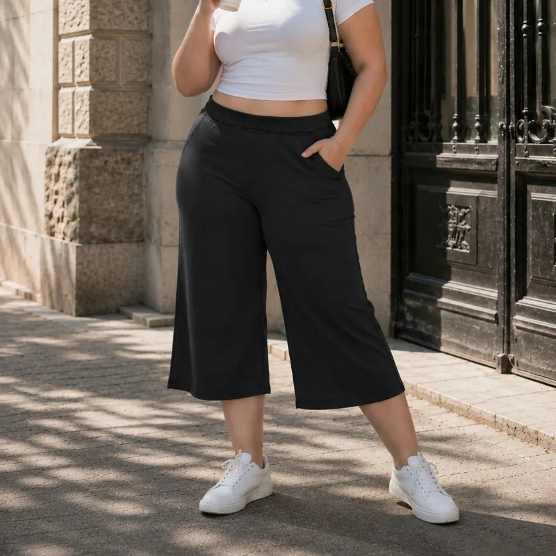 Straight Leg Capri Pants High Stretch Elastic Waist Cropped Trousers Soft Casual Summer Wide Leg Style for Plus Size Women8XL9XL