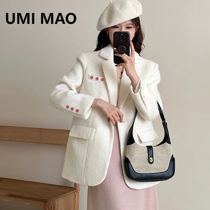 

UMI MAO осенне-зимняя куртка, новый белый стеганый пиджак для женщин, модный свободный повседневный шерстяной пиджак с цветными блоками на пуговицах Femme