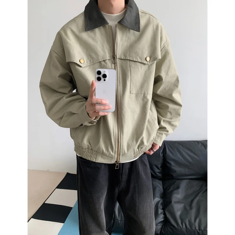 

Мужская куртка в стиле американского ретро, свободного кроя, с воротником, в стиле пэчворк, верхняя одежда, куртка в стиле Детройт, из полиэфирного волокна, с длинными рукавами, на молнии