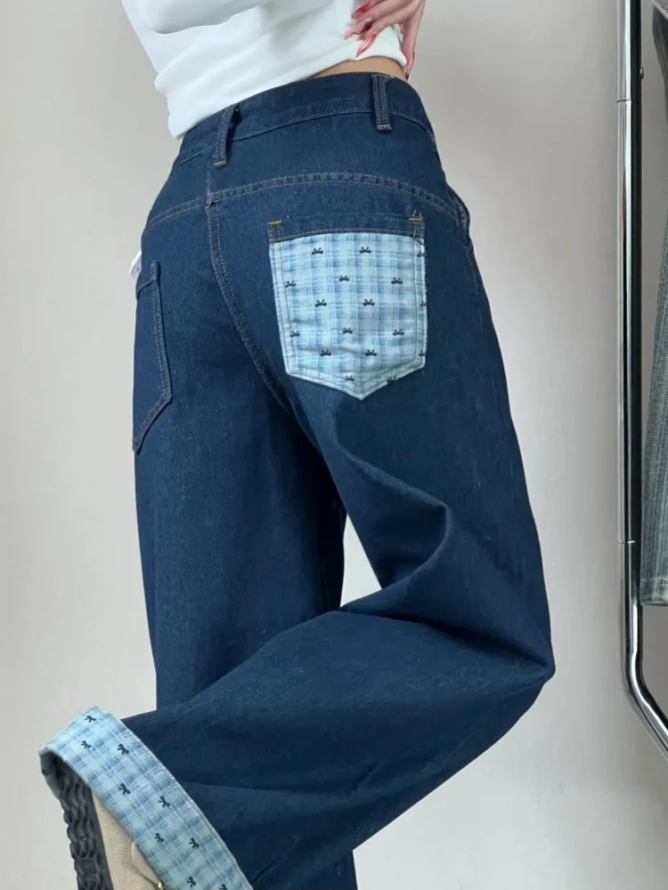 アメリカンハイストリートデザインの格子柄スプライシング、裏地付きデニムパンツ、レディース秋冬ルーズストレートワイドレッグフロアレングス...