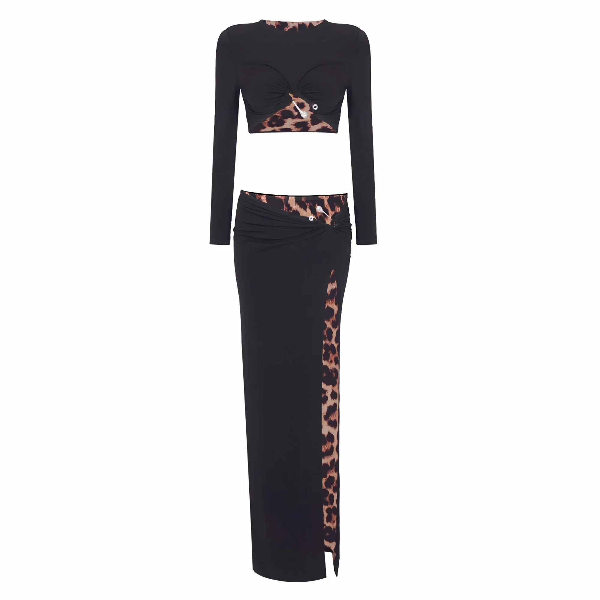 Long Sleeve Leopard Print Two-Piece Set for Women Lined with High Slit Exposed Waist Long Skirt Party Leopard Print Skirt Suit