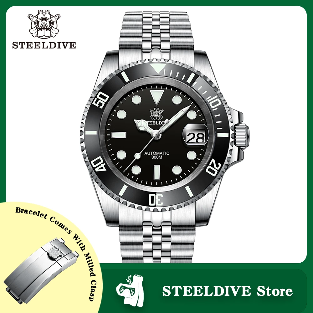 

SD1953 STEELDIVE 41mm Super Luminous 30ATM Water Resistant NH35 Automatic Sapphire Water Ghost Mens Dive Watch Milled Clasp