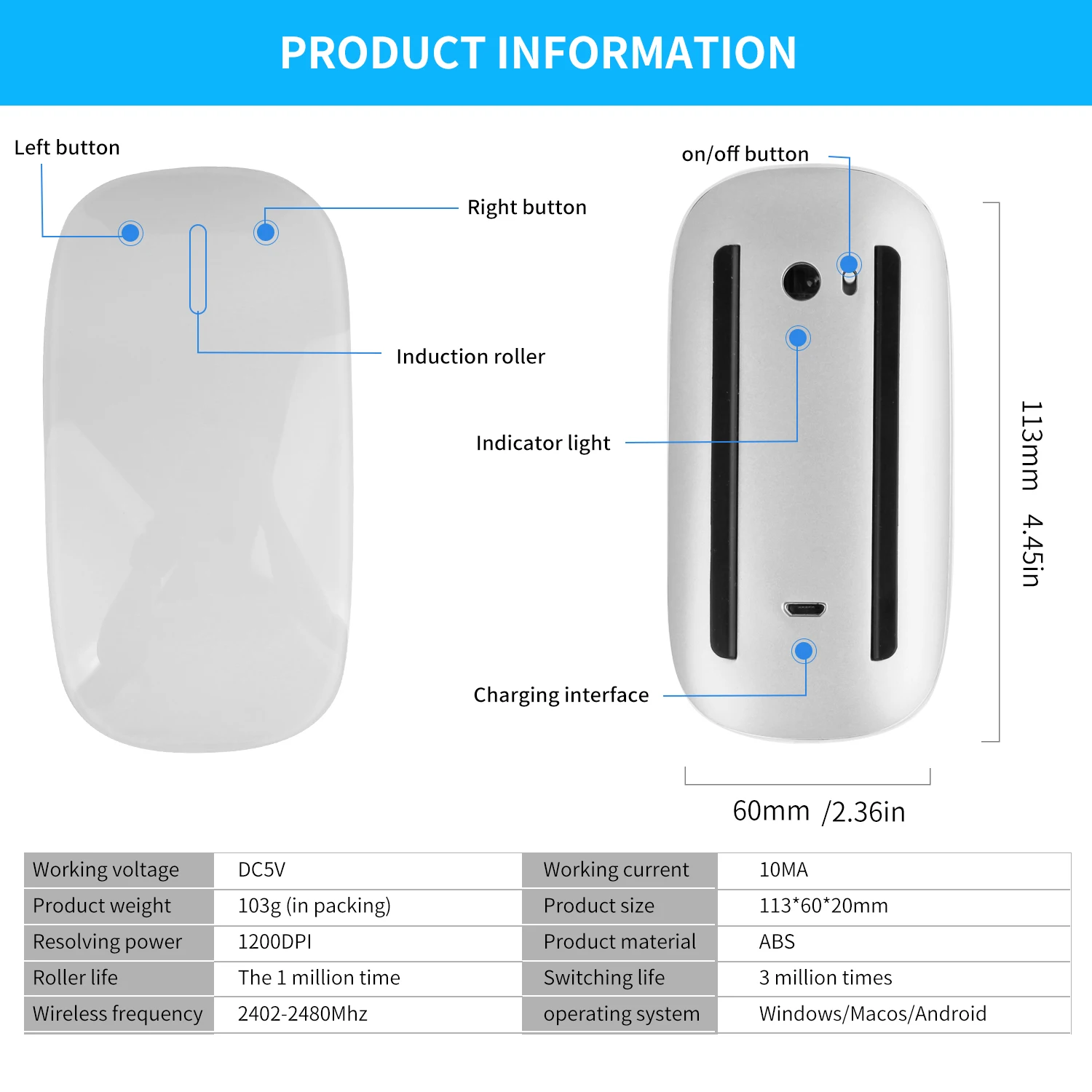 Ratón inalámbrico Bluetooth, recargable, silencioso, multiarco táctil, ratón mágico ultrafino para ordenador portátil, Ipad, Mac, PC, Macbook