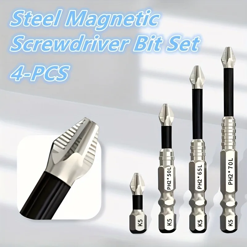 

4Pc Steel Magnetic Screwdriver Bit Set - Phillips, Hex Shank, Anti-Slip Anti-Shock, Durable