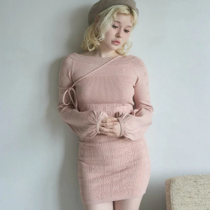 

Autumn Winter Japanese Style Dailywear Dresses Fashion Design Hollow Slim Fit Knitted Long Sleeves Dress Short Y2k Sweet Clothes