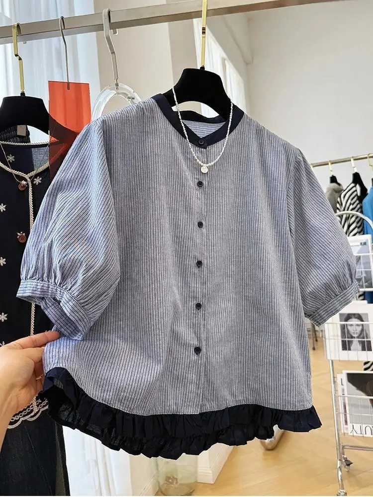 

Korean Contrasting Striped Short-sleeved Shirt for Women in Summer New Loose Age-reducing Chic Puff Sleeve Top